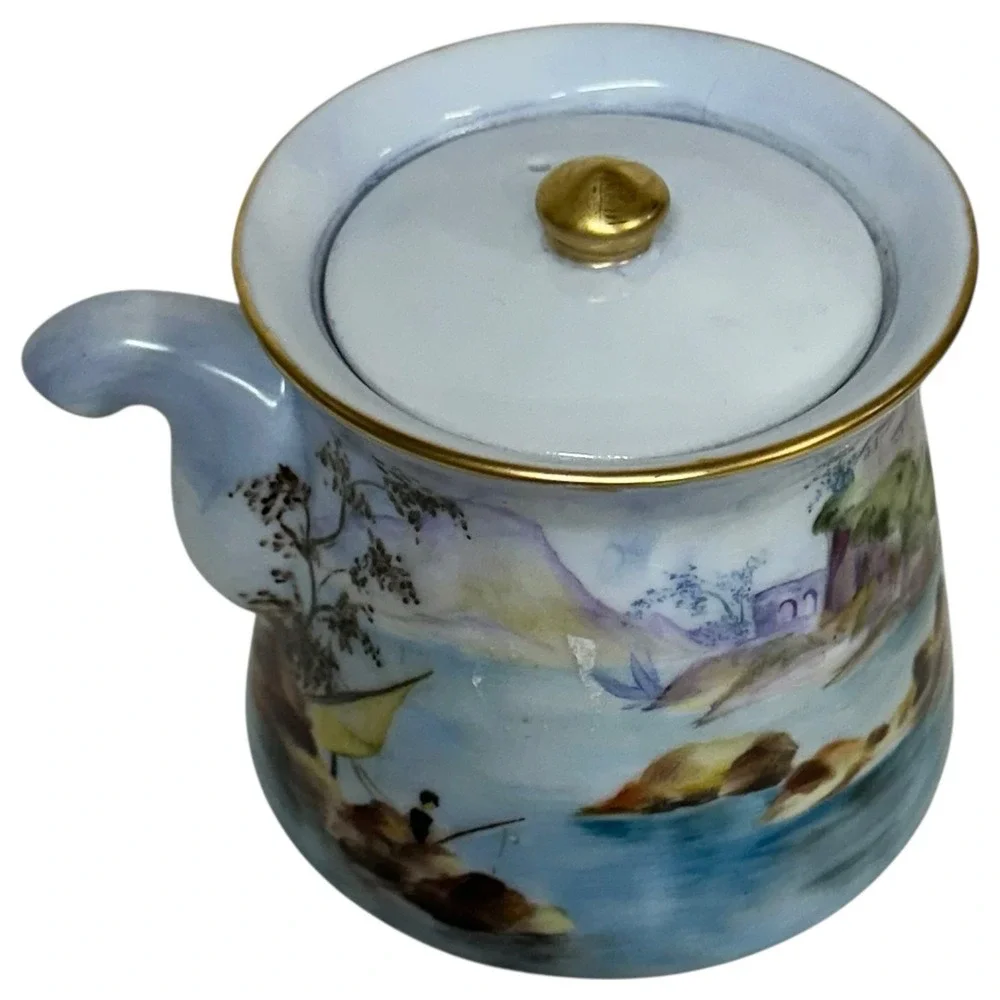 Kyusu‎ Japanese Teapot Hand Painted Signed Sansui Porcelain Fisherman Fuji VTG